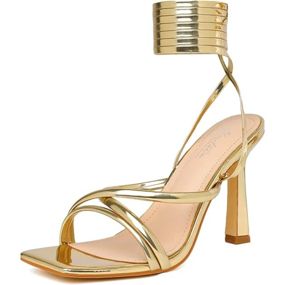 Mostrin Womens Size 8.5 Shiny Gold Gladiator Ankle Wrap 4" Heels Open Toe Shoes